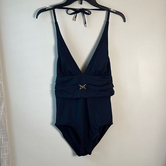 EUC Michael Kors Black One Piece Halter Tie w Gold Hardware Swimsuit 6 - Picture 1 of 11